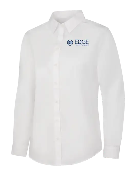 Womens White Long Sleeve Carefree Poplin Shirt w/Edge Home Finance Logo