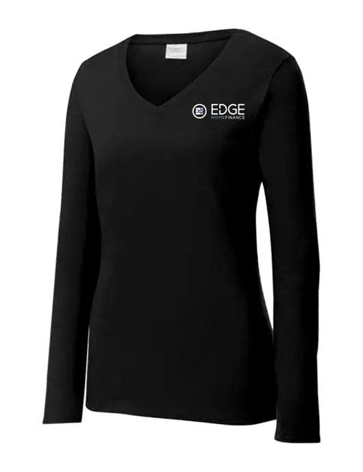 Womens V-Neck Ring Spun Jet Black 4.5 oz Long Sleeve T-Shirt w/Edge Home Finance Logo