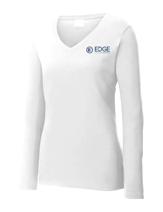 Womens  V-Neck Ring Spun White 4.5 oz Long Sleeve T-Shirt w/Edge Home Finance Logo