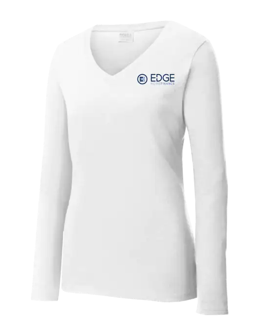 Womens  V-Neck Ring Spun White 4.5 oz Long Sleeve T-Shirt w/Edge Home Finance Logo