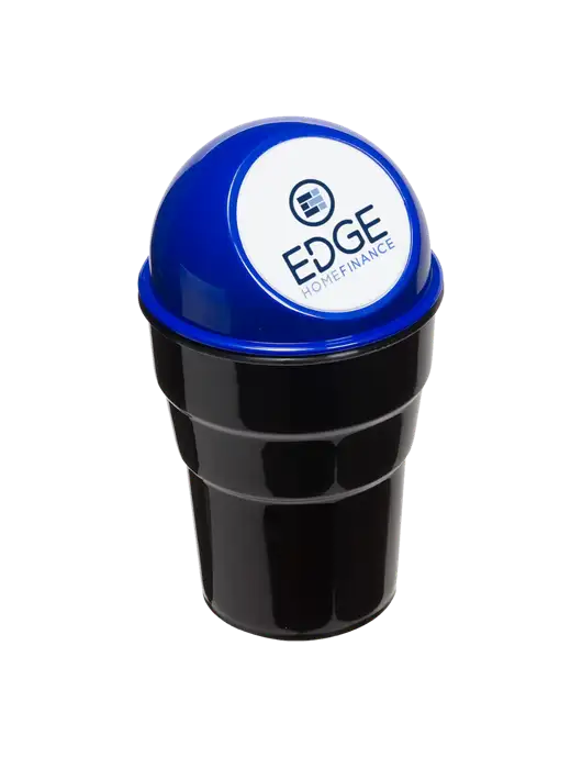 Blue Car Cup Holder Trash Can w/Edge Home Finance Logo