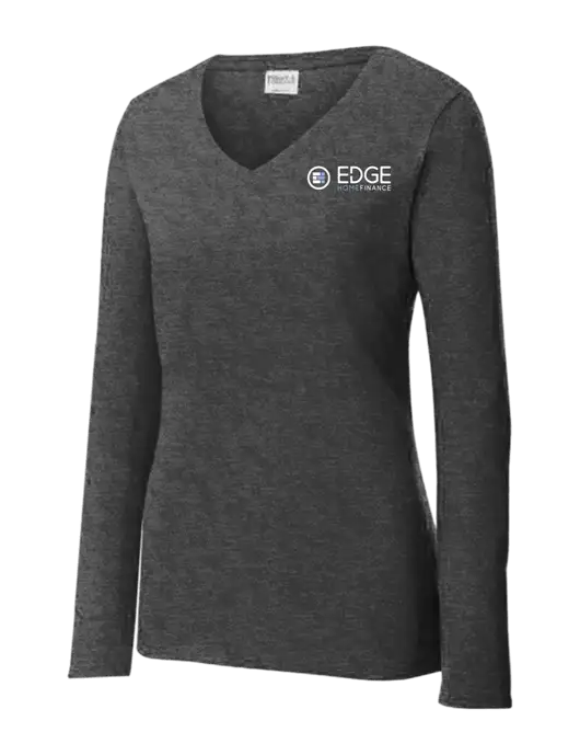 Womens  V-Neck Ring Spun Dark Heather Grey 4.5 oz Long Sleeve T-Shirt w/Edge Home Finance Logo