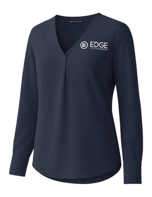 Brooks Brothers Womens Dark Navy Open-Neck Satin Blouse  w/Edge Home Finance Logo