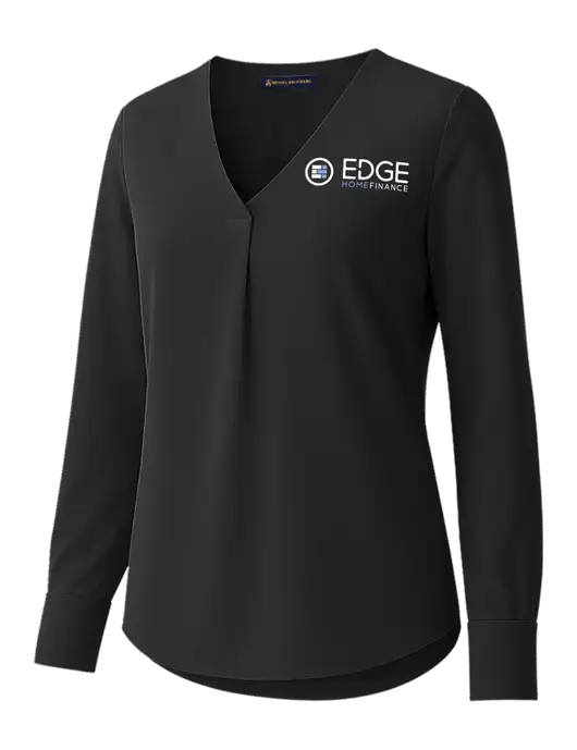 Brooks Brothers Womens Black Open-Neck Satin Blouse  w/Edge Home Finance Logo