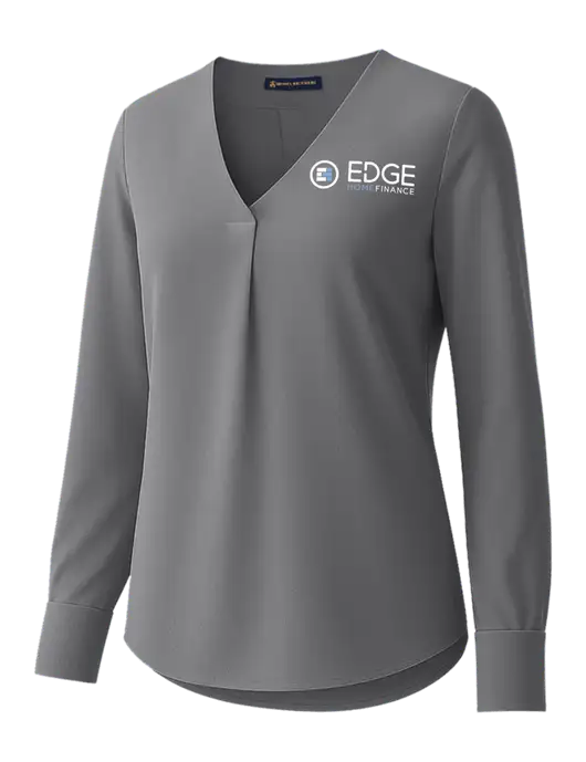 Brooks Brothers Womens Medium Grey Open-Neck Satin Blouse  w/Edge Home Finance Logo