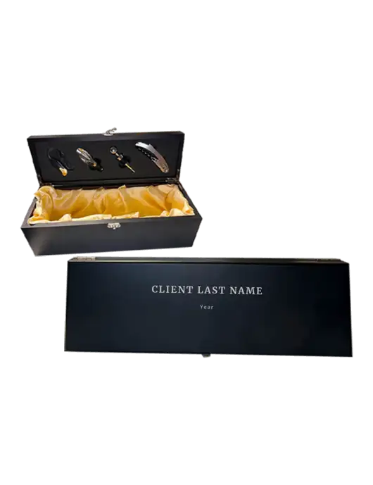 Matte Black Finish Wine Presentation Box & Tools w/Text